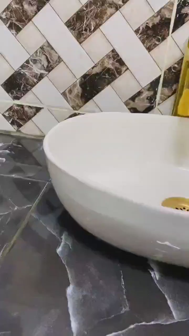 Handmade Oval Ceramic Bathroom Sink – White Vessel Basin with Gold Faucet