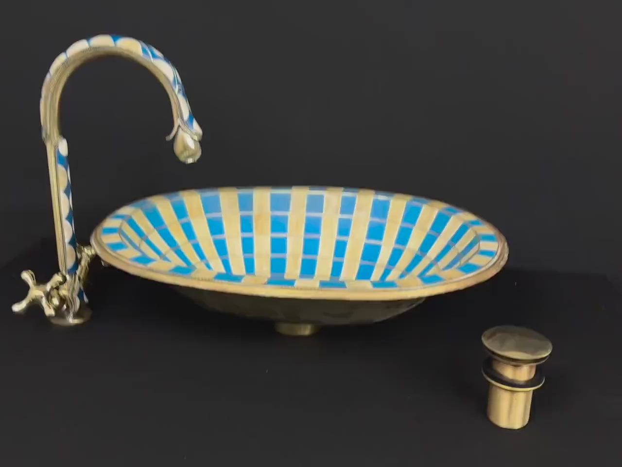 Unlacquered Brass Bathroom Faucet & Sink – Vintage Brass with Blue Resin Inlay