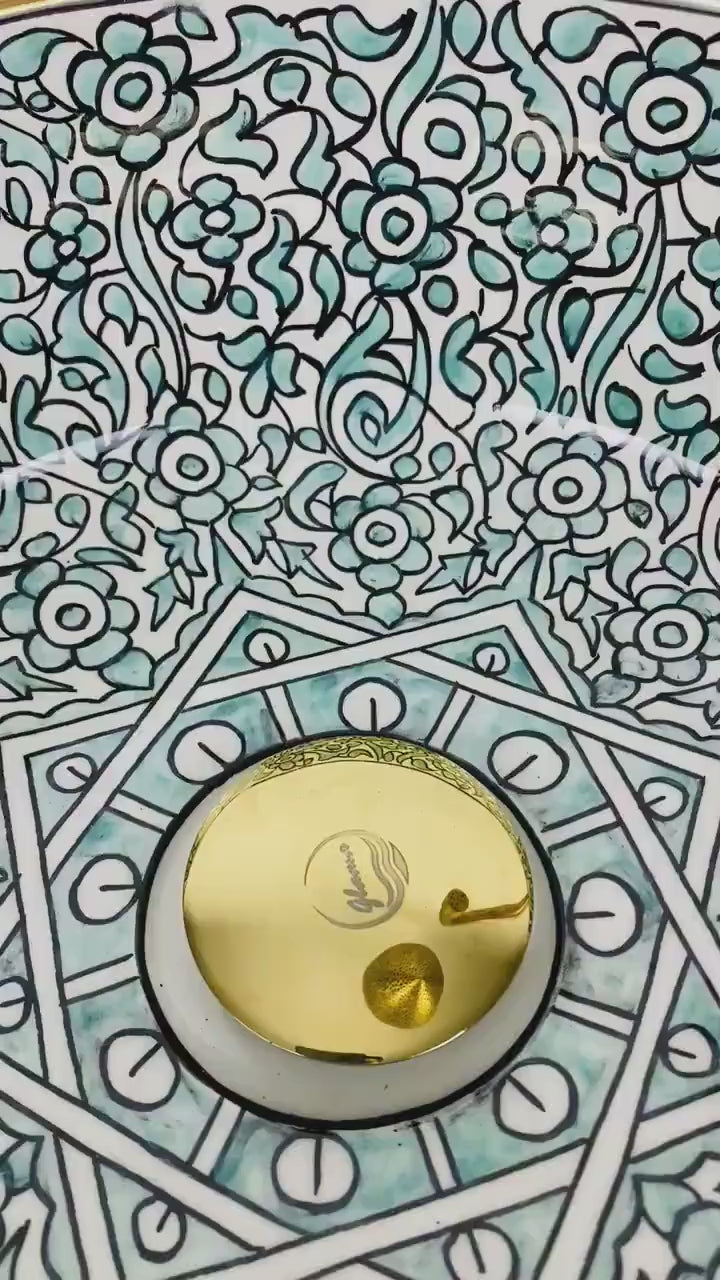 Vessel Sink Light Green 14K Gold Trimmed | Hand-Painted Ceramic Washbasin