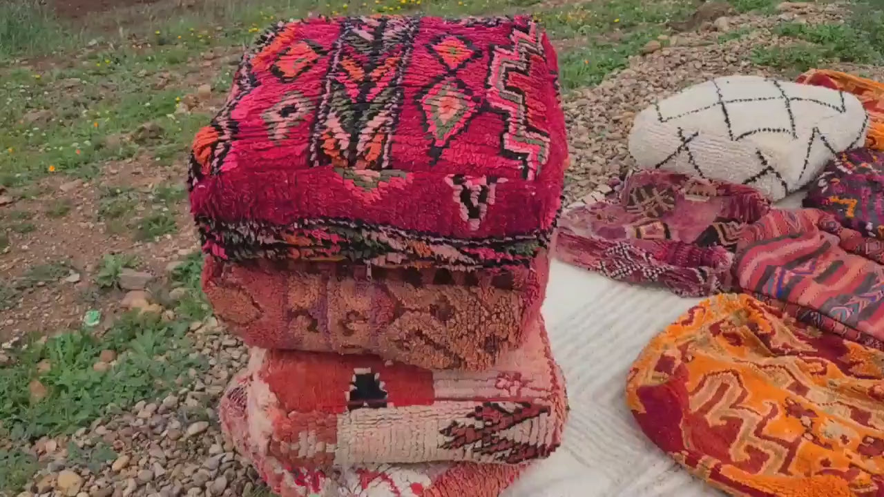 Set of 2 Moroccan Kilim Poufs –  Boho Beni Ourain Square Pouf, Meditation Pillow