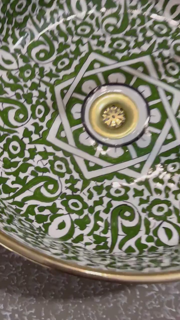 Handcrafted Green Ceramic Basin with 14K Gold Rim – Luxury Floral Patterned Vessel Sink for Bathroom