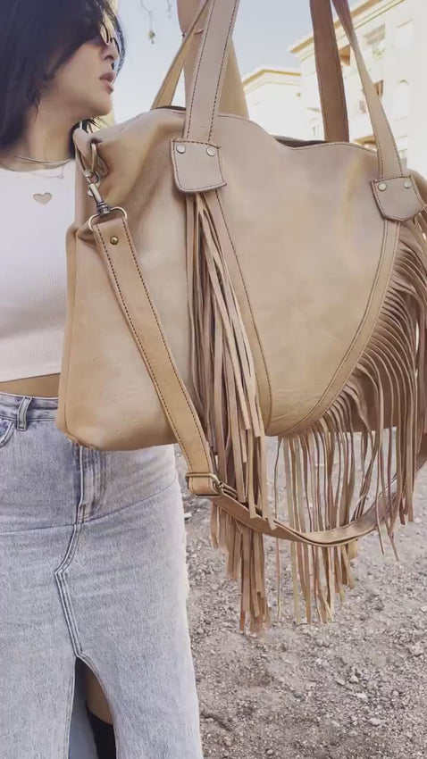Leather Fringe Tote Bag - Boho Western Crossbody Bag - Festival Fringe Handbag - Coachella Inspired Shoulder Bag - Handmade bag Gift for Her