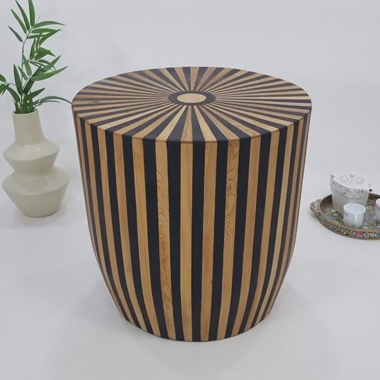 Handmade Round Table Modern Wood Side Table | Walnut-Wood Stripped Coffee End Table