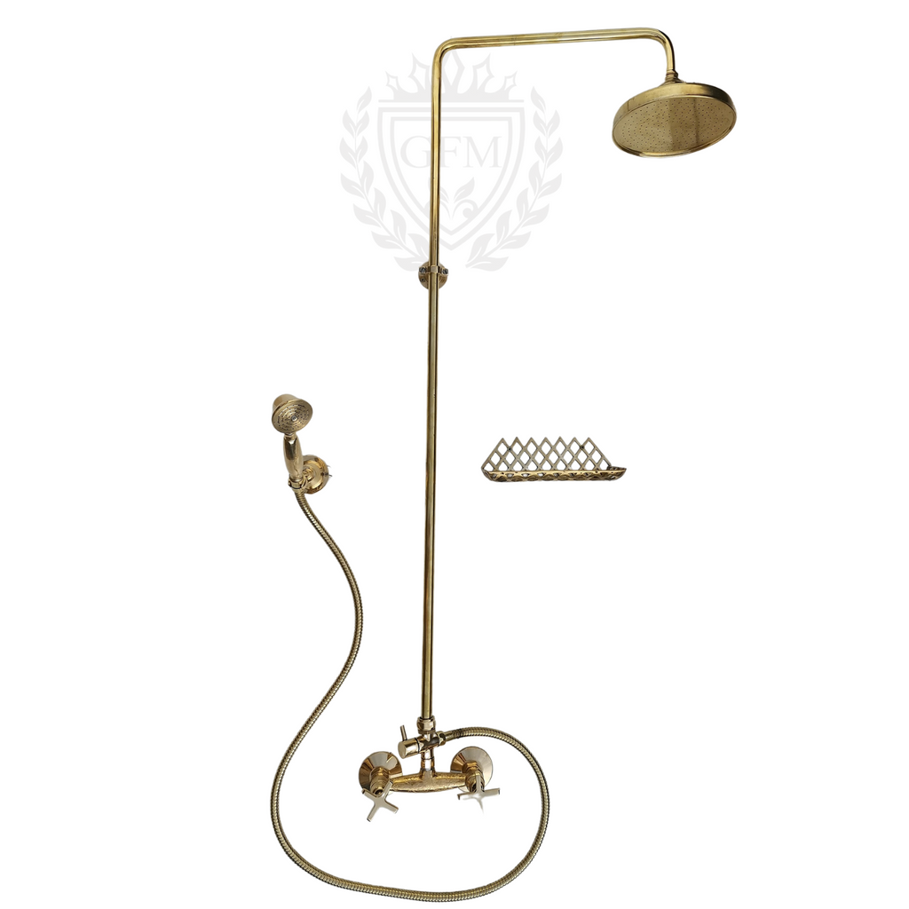 unlacquered brass shower system, antique brass shower, handmade brass shower, vintage bathroom fixture, boho bathroom decor, moroccan shower head, brass rain shower, exposed pipe shower, brass outdoor shower, garden shower set, luxury brass faucet, traditional bathroom hardware, rustic shower system, handmade bathroom fixture, solid brass shower head