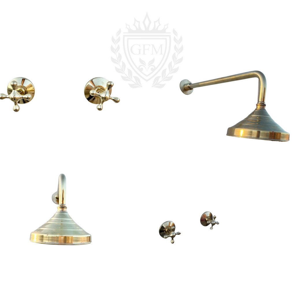unlacquered brass shower, wall mounted shower system, handmade brass shower, brass bathroom fixture, vintage brass shower, Moroccan shower system, boho bathroom decor, rustic bathroom hardware, exposed pipe shower, cross handle shower, round brass shower head, traditional shower set, luxury brass shower, antique brass plumbing
