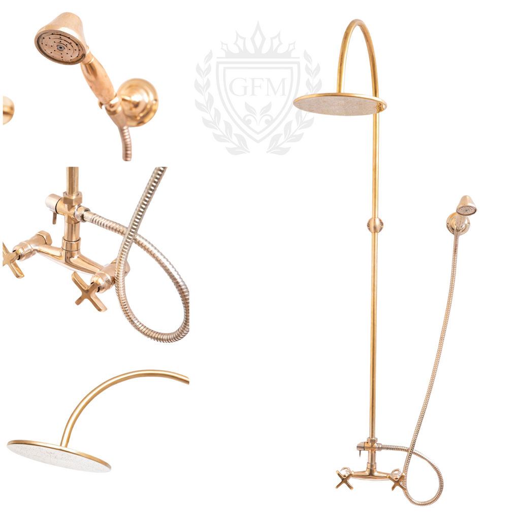 unlacquered brass shower system, rainfall shower head, handmade brass shower, solid brass bathroom fixture, vintage wall mount shower, Moroccan shower set, exposed pipe shower, outdoor brass shower, indoor brass shower, brass handheld shower, cross handle shower, customizable brass shower