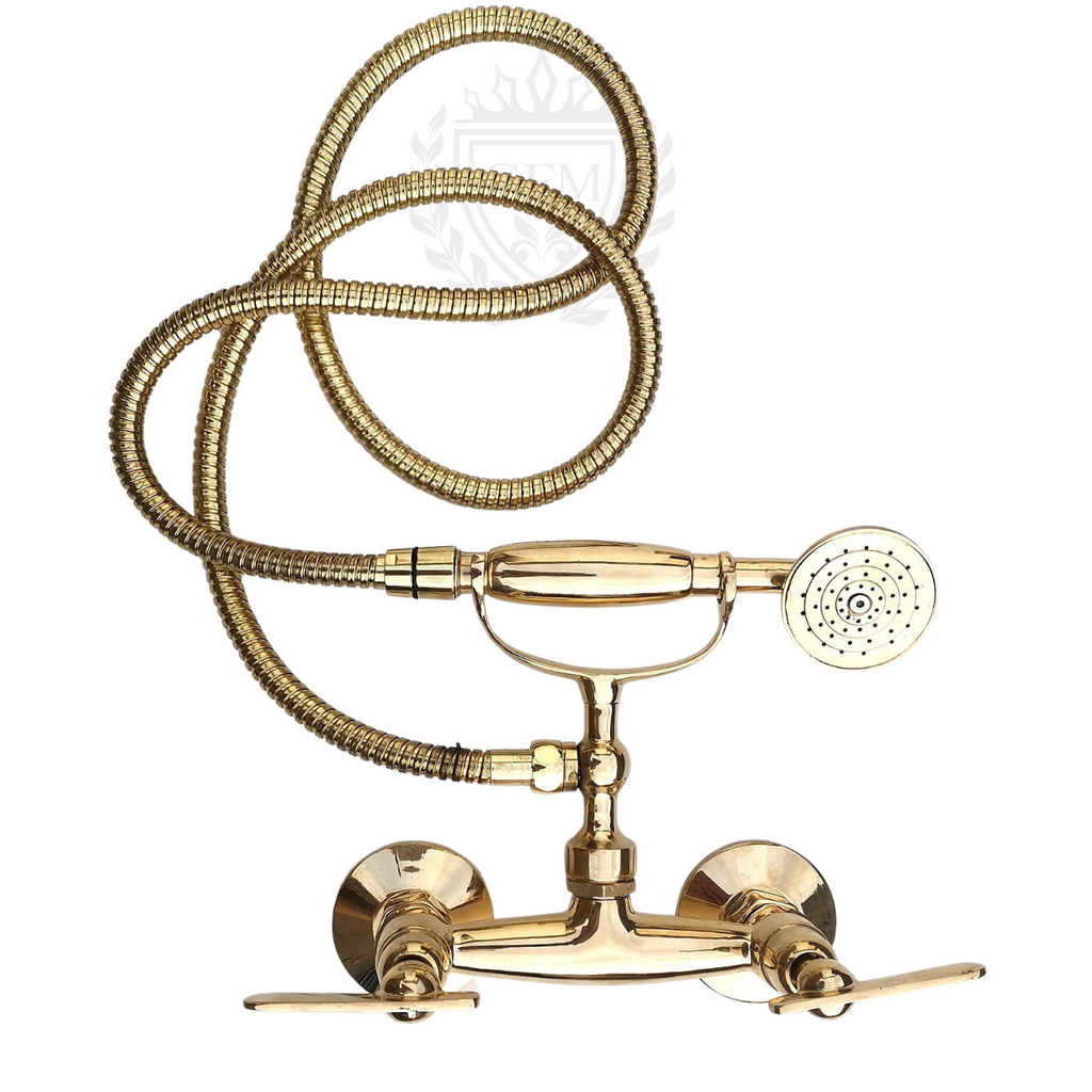 unlacquered brass shower, telephone hand shower, handmade brass fixture, Moroccan brass shower, vintage wall mount shower, brass bathroom set, boho shower decor, rustic brass plumbing, exposed pipe shower system, antique brass shower, wall mounted shower head, custom brass shower set