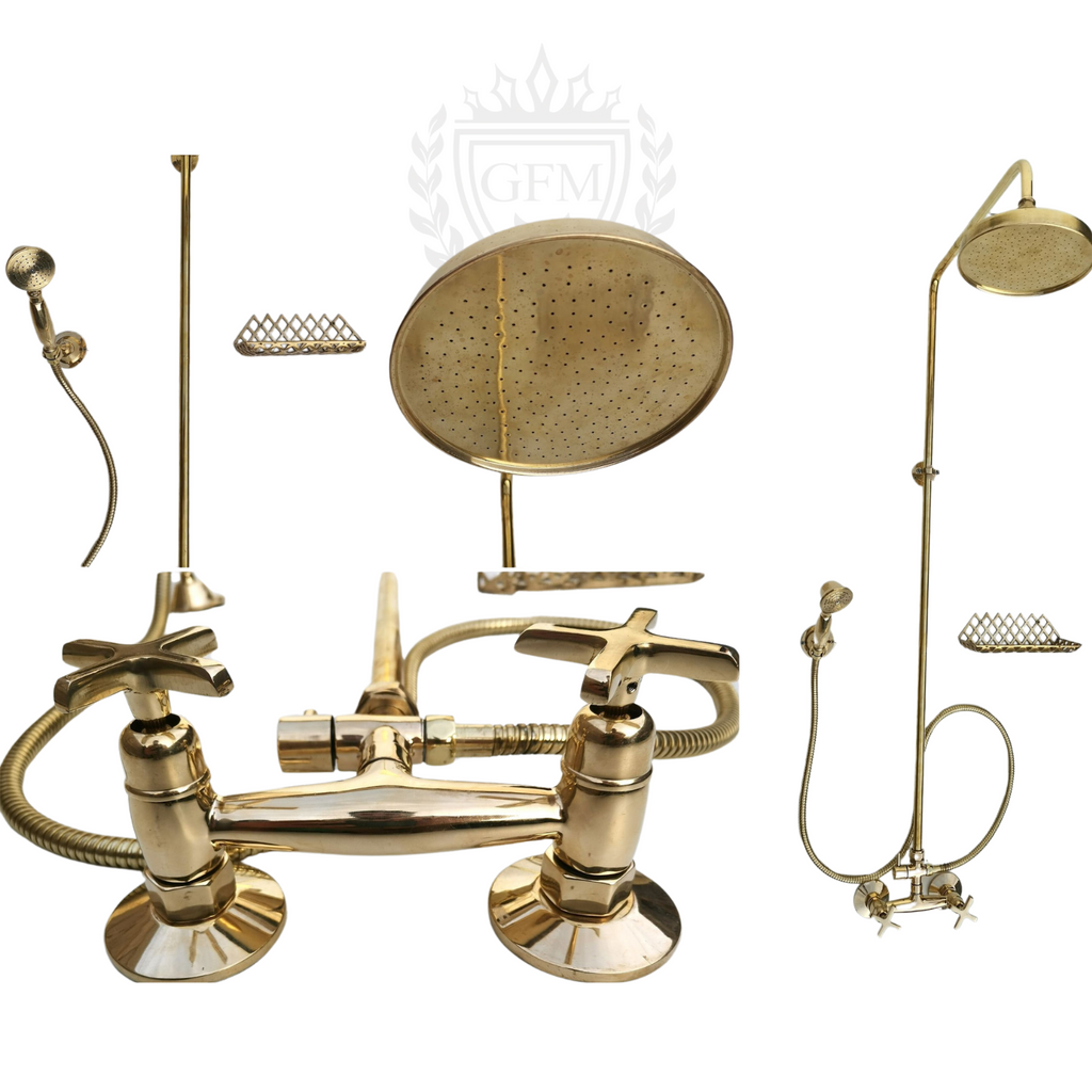 unlacquered brass shower, wall mounted shower system, handmade brass shower, brass bathroom fixture, vintage brass shower, Moroccan shower system, boho bathroom decor, rustic bathroom hardware, exposed pipe shower, cross handle shower, round brass shower head, traditional shower set, luxury brass shower, antique brass plumbing