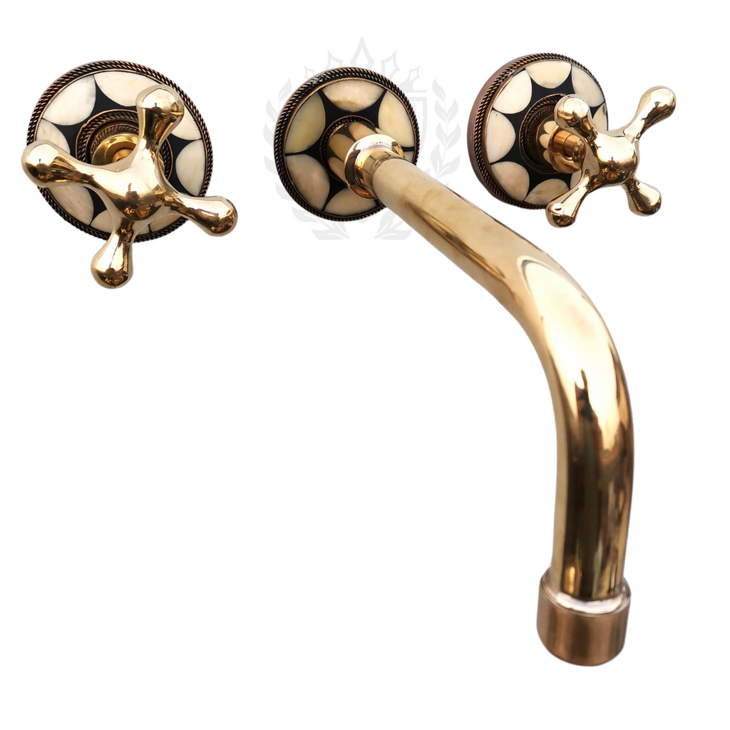 wall mounted bathroom faucet, brass vanity faucet, handmade Moroccan faucet, boho bathroom faucet, unlacquered brass faucet, resin plate faucet, vintage style faucet, cross handle bathroom faucet, brass bathroom tap, Moroccan bathroom decor, wall mount brass faucet, artisan made faucet, rustic bathroom fixture, resin bone faucet, luxury brass faucet