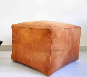 Dark Brown Leather Pouf - Square Ottoman for Living Room