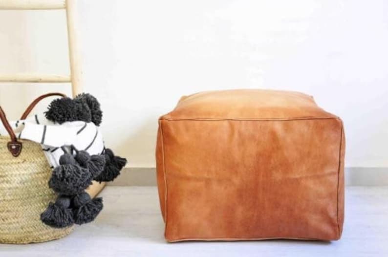Dark Brown Leather Pouf - Square Ottoman for Living Room