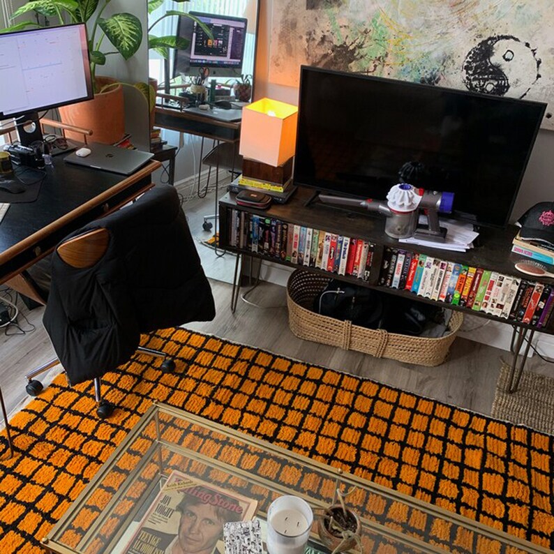 Moroccan Berber Black and Orange Grid rug, Soft wool checkered ara rug