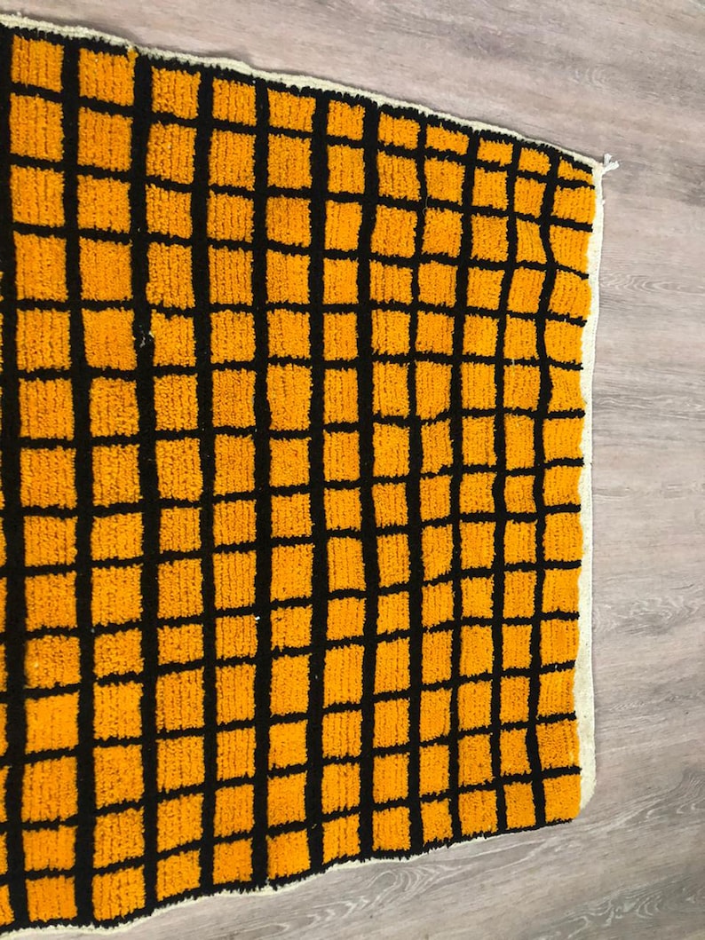 Moroccan Berber Black and Orange Grid rug, Soft wool checkered ara rug