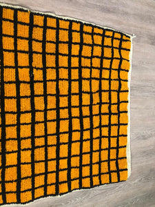 Moroccan Berber Black and Orange Grid rug, Soft wool checkered ara rug