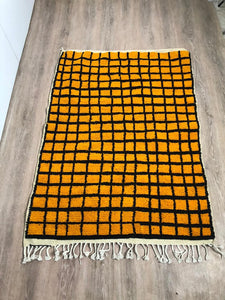 Moroccan Berber Black and Orange Grid rug, Soft wool checkered ara rug