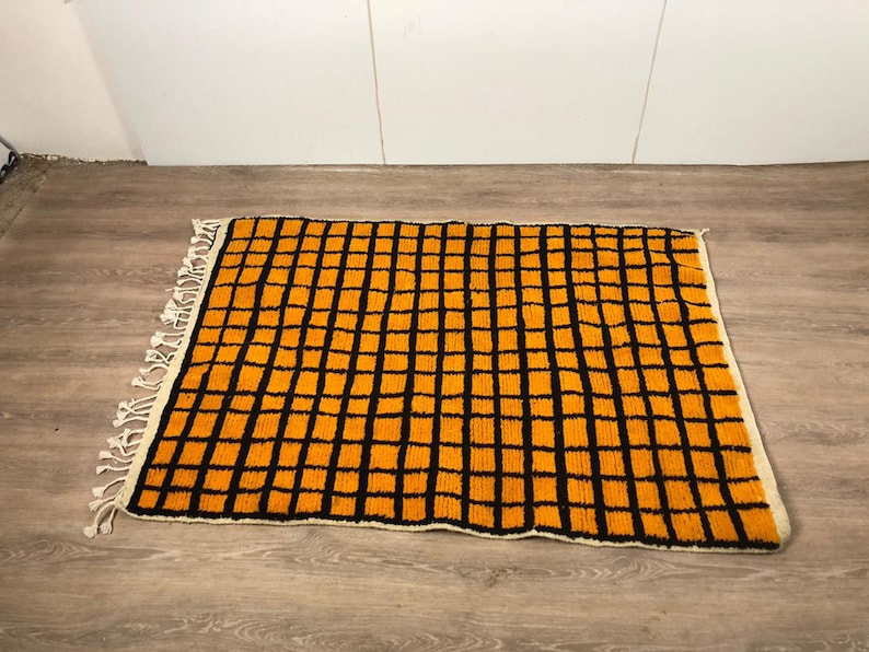 Moroccan Berber Black and Orange Grid rug, Soft wool checkered ara rug