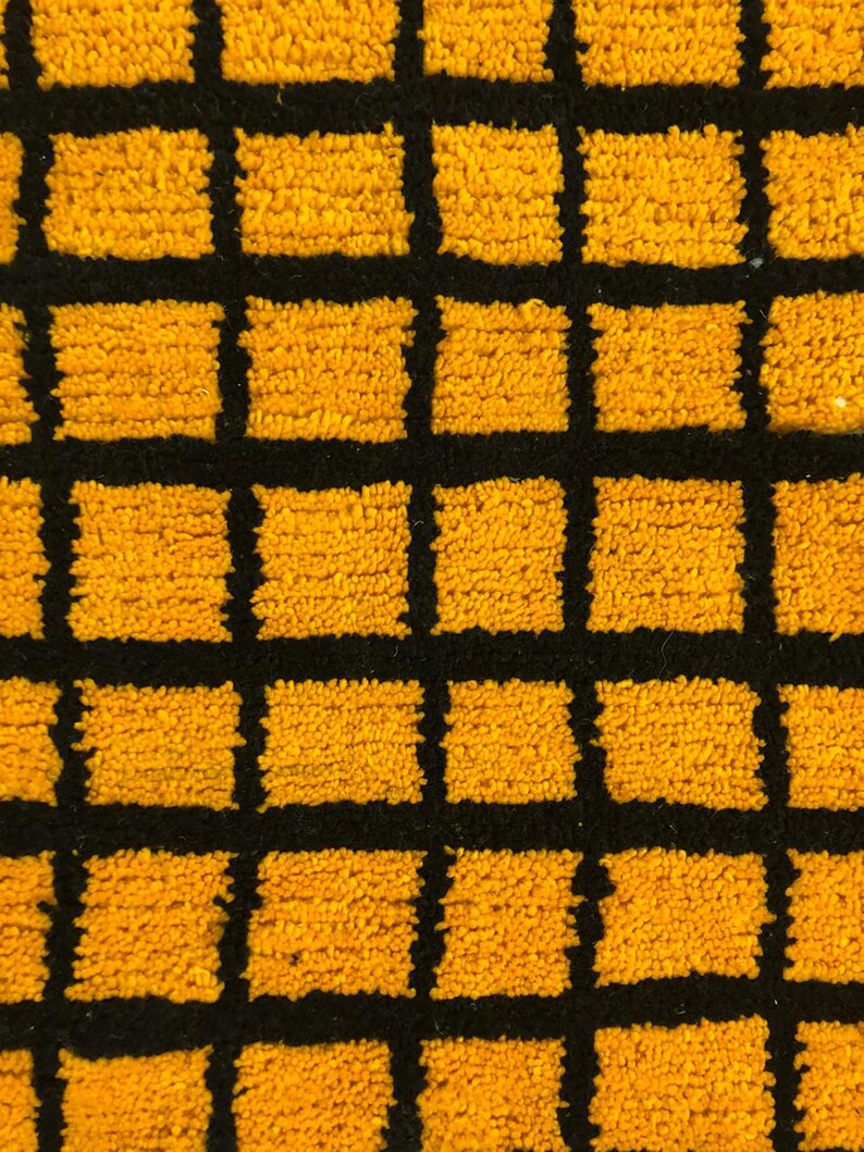 Moroccan Berber Black and Orange Grid rug, Soft wool checkered ara rug