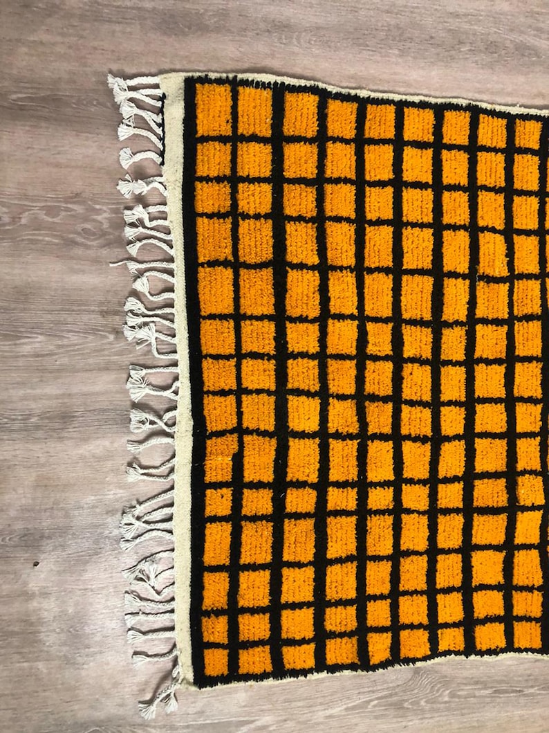 Moroccan Berber Black and Orange Grid rug, Soft wool checkered ara rug