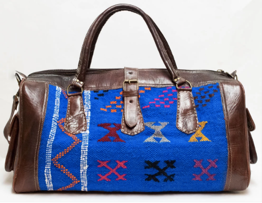 Handmade Moroccan Leather Travel Bag - Large Kilim Weekender Bag in Blue
