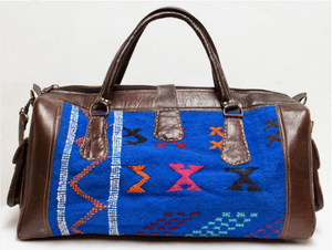 Handmade Moroccan Leather Travel Bag - Large Kilim Weekender Bag in Blue
