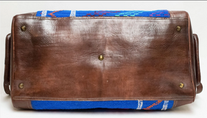 Handmade Moroccan Leather Travel Bag - Large Kilim Weekender Bag in Blue