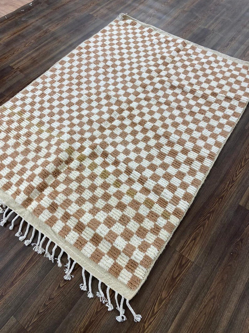 Cream and White Checkered Design - Soft Moroccan Berber Wool Shag Rug