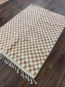 Cream and White Checkered Design - Soft Moroccan Berber Wool Shag Rug