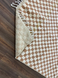 Cream and White Checkered Design - Soft Moroccan Berber Wool Shag Rug