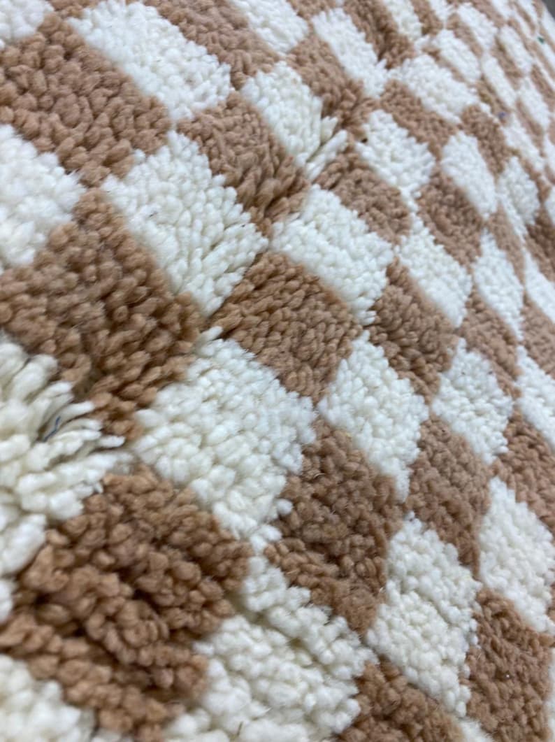 Cream and White Checkered Design - Soft Moroccan Berber Wool Shag Rug