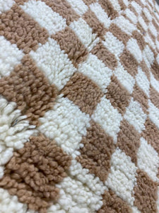 Cream and White Checkered Design - Soft Moroccan Berber Wool Shag Rug
