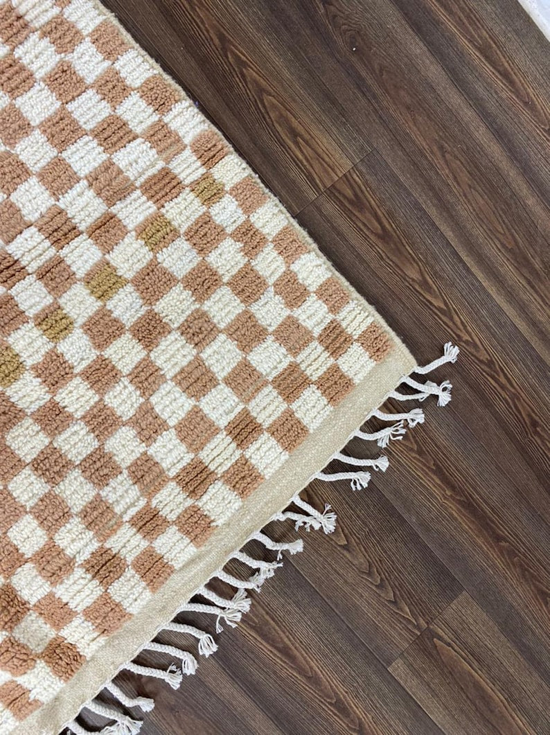 Cream and White Checkered Design - Soft Moroccan Berber Wool Shag Rug