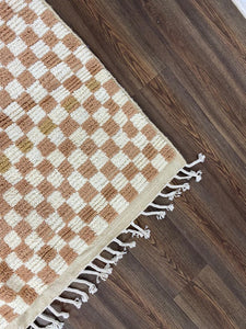 Cream and White Checkered Design - Soft Moroccan Berber Wool Shag Rug