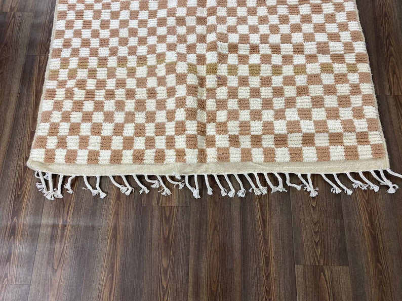 Cream and White Checkered Design - Soft Moroccan Berber Wool Shag Rug