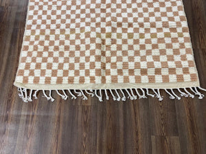 Cream and White Checkered Design - Soft Moroccan Berber Wool Shag Rug