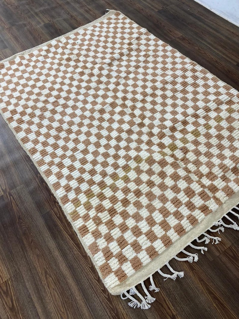 Cream and White Checkered Design - Soft Moroccan Berber Wool Shag Rug