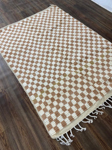 Cream and White Checkered Design - Soft Moroccan Berber Wool Shag Rug