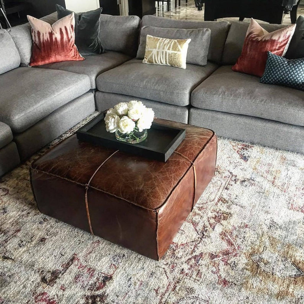 Dark Chocolate Leather Square Pouf – Handmade Moroccan Footstool & Decor Accent