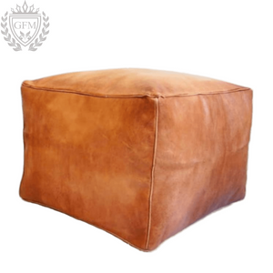Dark Brown Leather Pouf - Square Ottoman for Living Room