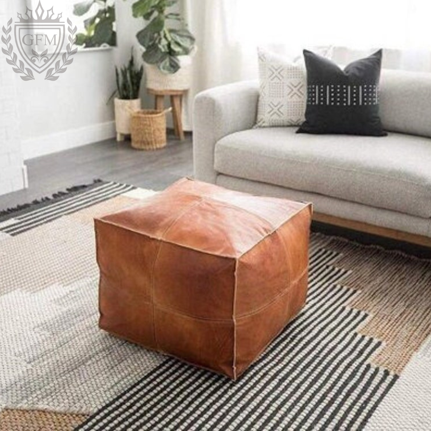 Light tan handmade footstool square pouffe Moroccan