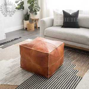Light tan handmade footstool square pouffe Moroccan