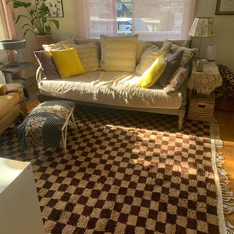 Handmade Moroccan Berber Wool Rug - Brown and Cream Checkered Pattern rugs