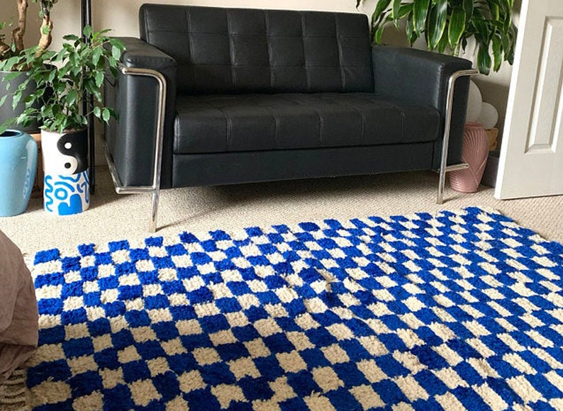 Handmade Moroccan Berber wool blue and white checkered rug