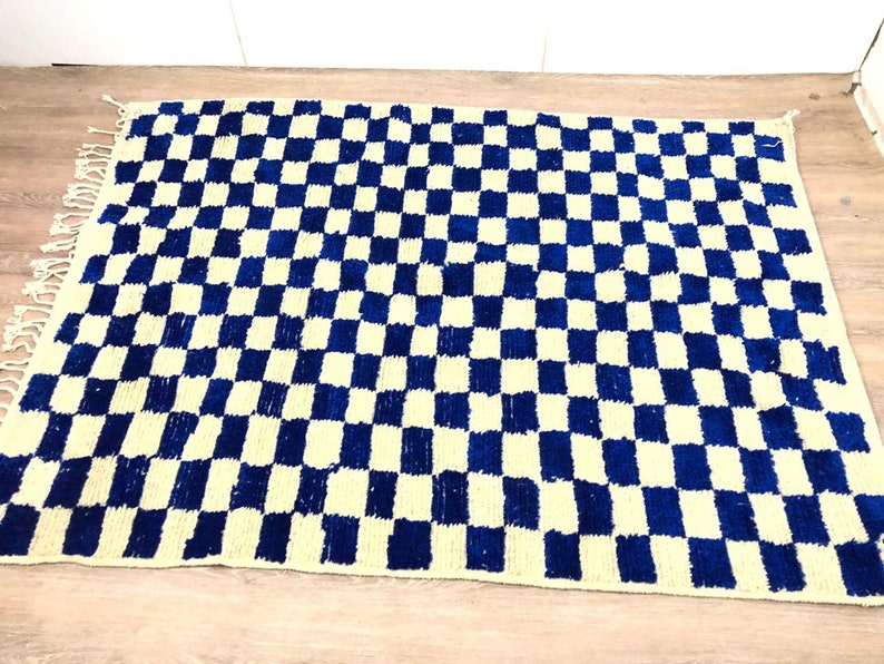 Handmade Moroccan Berber wool blue and white checkered rug