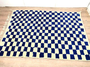 Handmade Moroccan Berber wool blue and white checkered rug