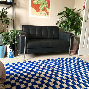 Handmade Moroccan Berber wool blue and white checkered rug