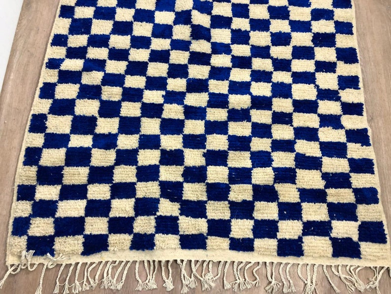 Handmade Moroccan Berber wool blue and white checkered rug