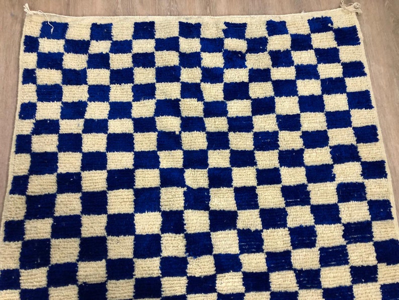 Handmade Moroccan Berber wool blue and white checkered rug