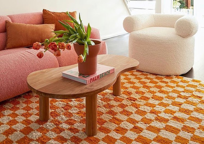 Orange checkered rug! wool checkerboard rugs.