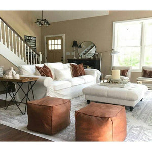 Set of 2 Handmade Square Brown Leather Ottomans