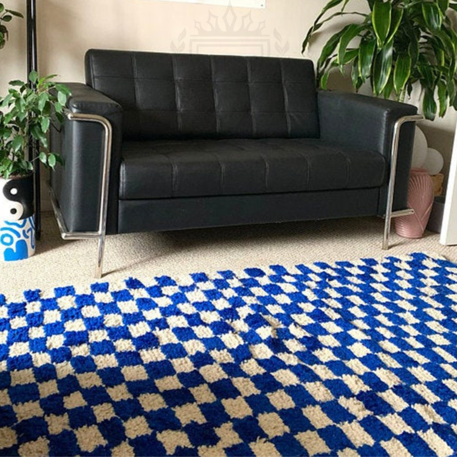 Handmade Moroccan Berber wool blue and white checkered rug